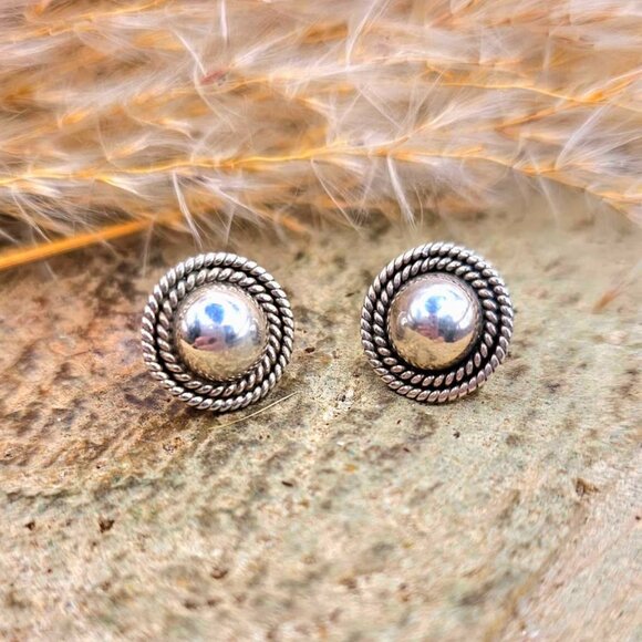 Vintage Mexico Double Rope Dome Button Sterling Silver Ear Stud - Picture 9 of 9